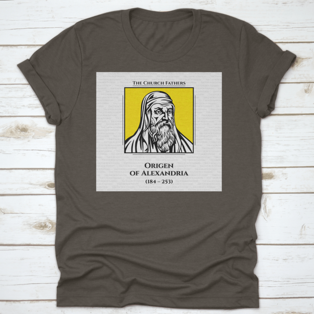 A comfortable cotton t-shirt featuring the Early Christian Scholar Origen, showcasing a classic fit and durable design.